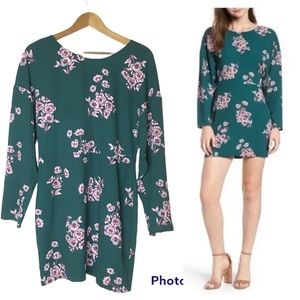 Leith Long Sleeved Floral Mini Sheath Dress M Teal Purple Print